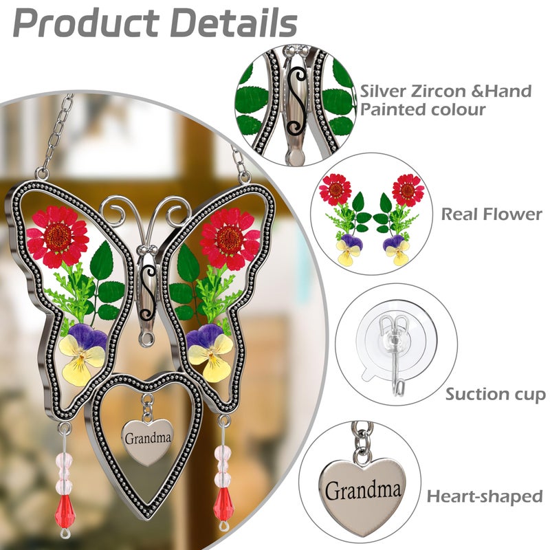 KUNDGLA فراشة Suncatcher الجدة زجاج الشمس الماسك أجنحة زهرة حقيقية مضغوطة في فراشة زجاجية Suncatchers الجدة هدية عيد ميلاد زخرفة للنوافذ مع سحر القلب المعدني - Image 3